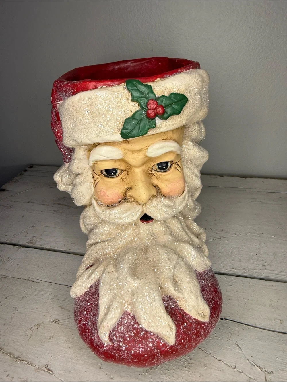 RAZ Imports Large Paper Mache Santa Face Glitter Boot 7.5” Hand Painted